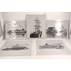 Set Of 5 Vintage Nautical Prints By Mal Davis Featuring Historic Ships & Boats